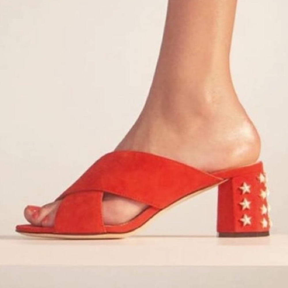 Sandro Paris E17 Alise Rouge Star Block Heel Suede Mules Red Size EU 37